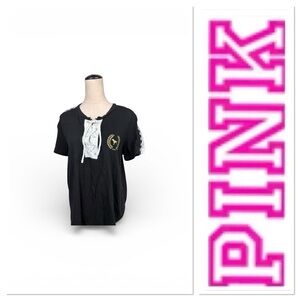 🆕 PINK Victoria’s Secret black tie front top with gold sequin 86 size Large